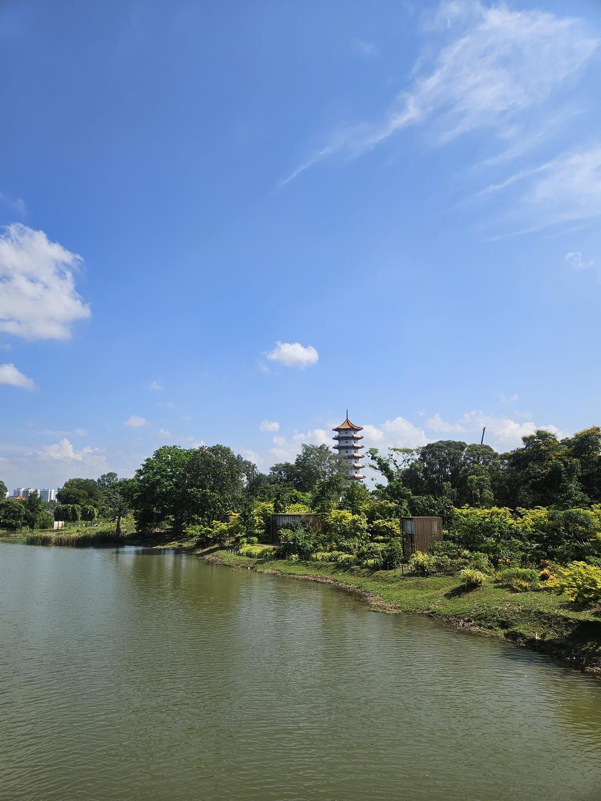 The pagoda of the Chinese Garden rising over the lake at Jurong Lake Gardens