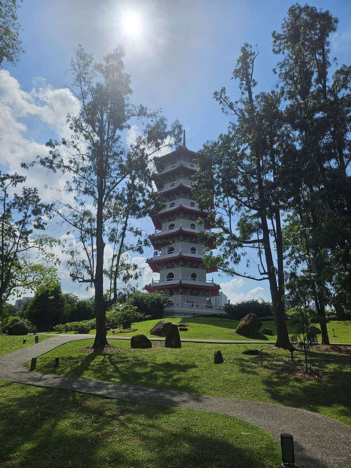 The seven-storey pagoda at Jurong Lake Gardens' Chinese Garden framed by trees