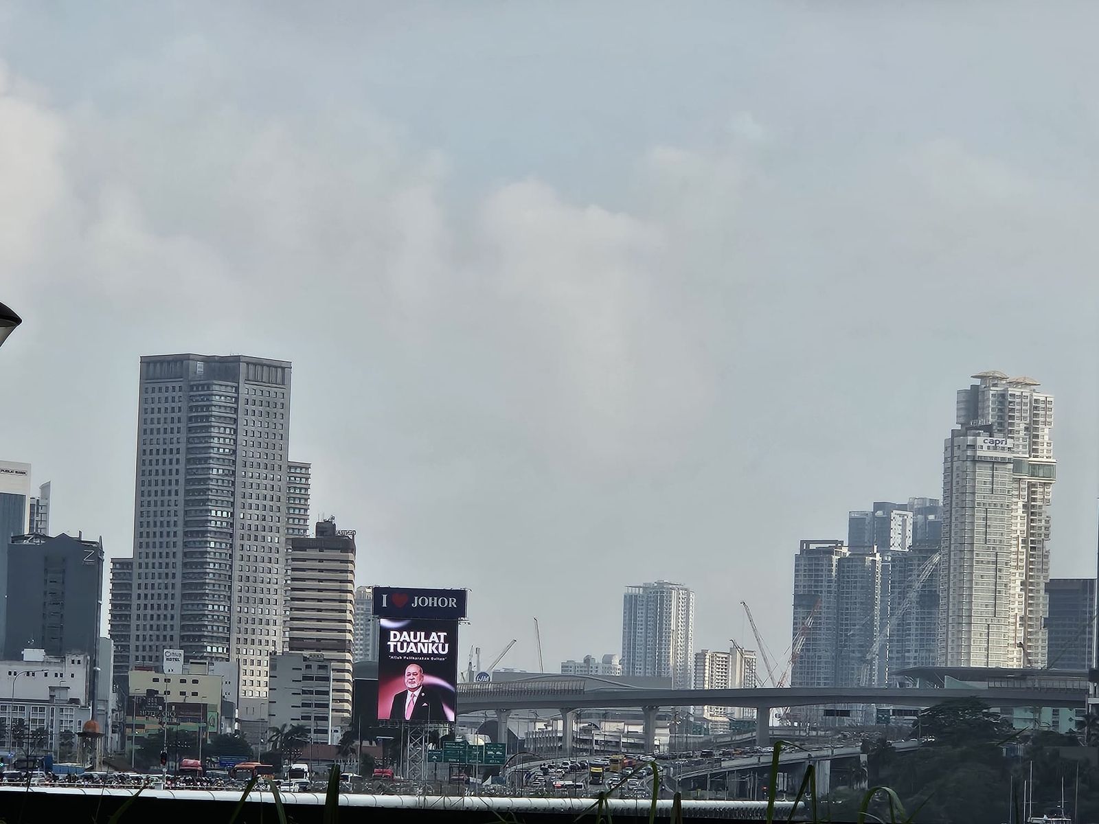 Johor Bahru city skyline and the Causeway viewed from the Singapore side